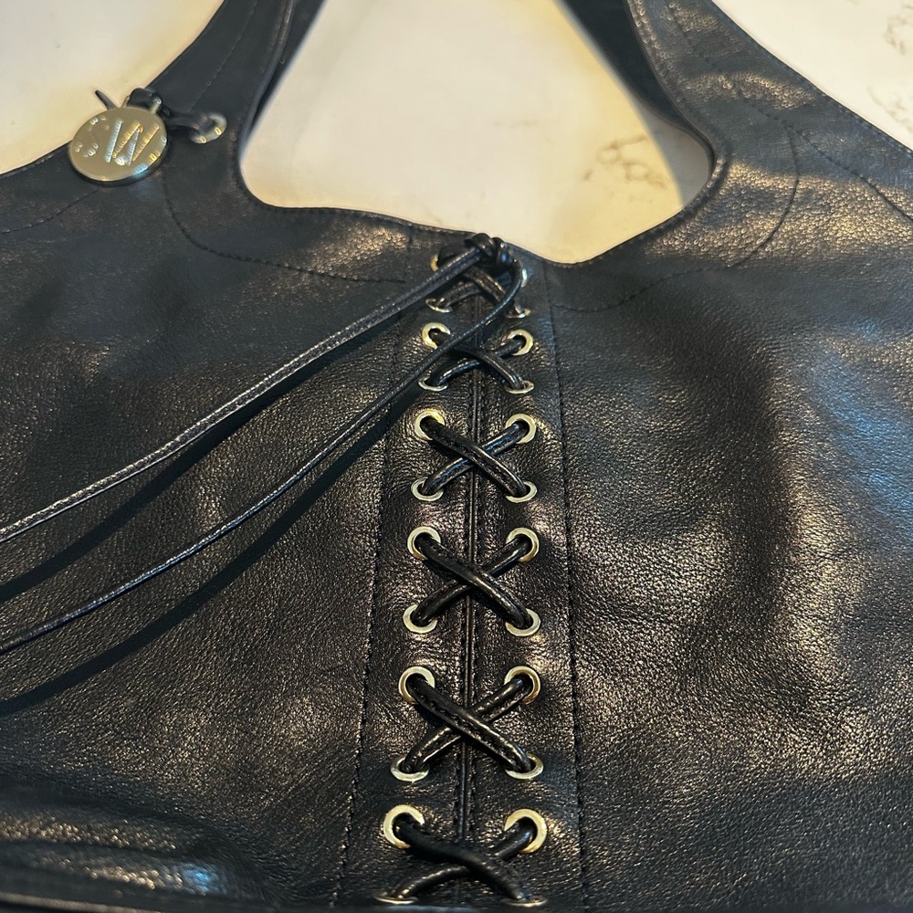 Stuart Weitzman Black Leather Lace-Up Shoulder Bag - Picture 10 of 10